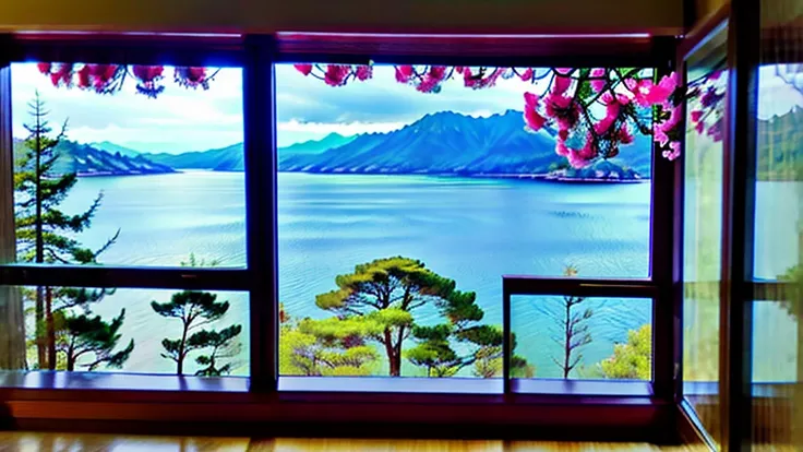 Scenery outside the window，Distant mountains and near waters，Sea view。There are trees，There are flowers