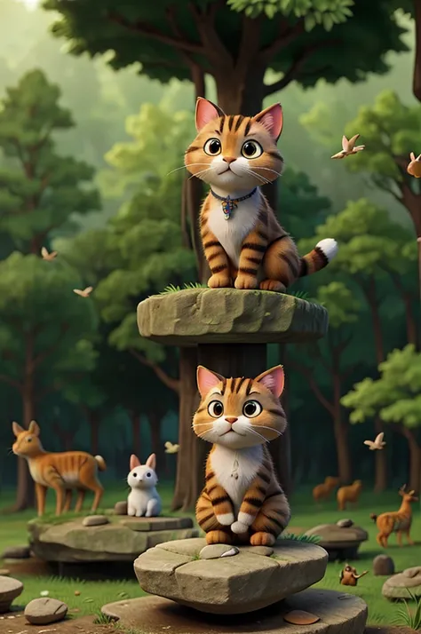 Bagh(cat)standing on a small rock in the forest, surrounded by animals like rabbits, deer, and birds, announcing his wish to be the king. The animals have curious and amused expressions.