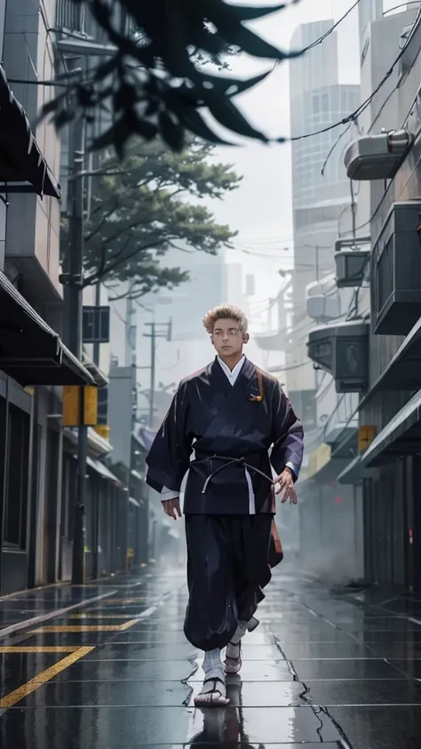 21 year old young man, short hair, and handsome, Gaga, named "Itadori Yuji" wearing Komono clothes, colored, white, effects, realistic visuals./" JUJUTSU KAISEN". is walking in the middle of the city in the rain, which is falling down .
