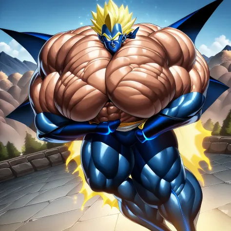 1boy, Vegeta, from Dragon Ball Z, saiyan, (yellow hair:2), spiked hair, green eyes, (blue skintight pants:1.8), white gloves, white boots with brown tips, good posture, shirtless, nipples, abs, sumo squat, powering up stance, (huge muscles:3.9), huge pecto...