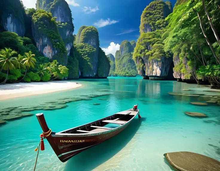 There is a boat parked on the water near the shore, beautiful place, scenery is beautiful, very scenery is beautiful, Beautiful scenery, turquoise water, thailand art, Wallpaper HD beautiful, nice environment, Stunningly beautiful beaches, Very extremely b...