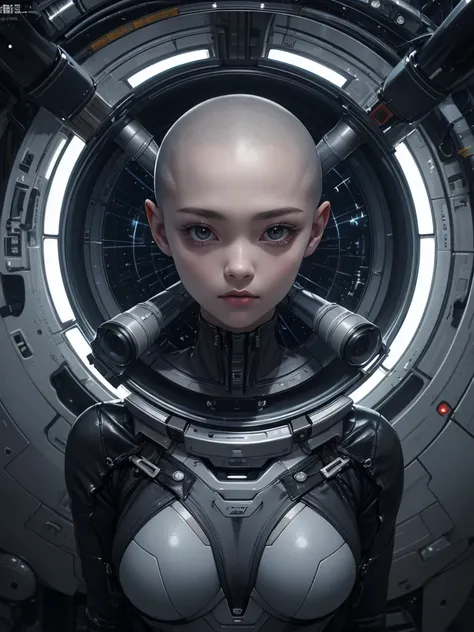 (((Masterpiece))), (high quality),Grey type aliens,15 year old girl alien,Skinhead,Gray aliens,Large, dark, almond-shaped eyes,Wearing a silver body-fitting suit