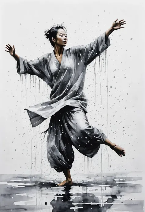 中国Ink Painting, Gray and White, Minimum,White background,Waterway, Minimalism,  Huge negative space, Ink Painting, Abstract，heavy rain，A person dancing in the rain