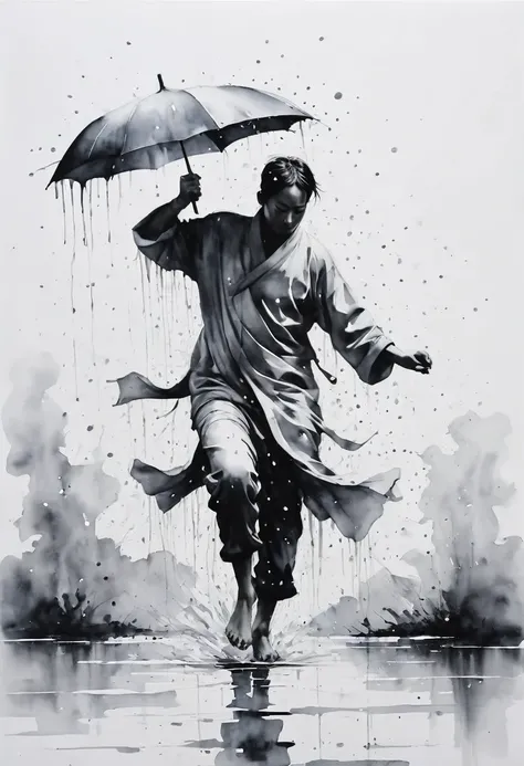 中国Ink Painting, Gray and White, Minimum,White background,Waterway, Minimalism,  Huge negative space, Ink Painting, Abstract，heavy rain，A person dancing in the rain