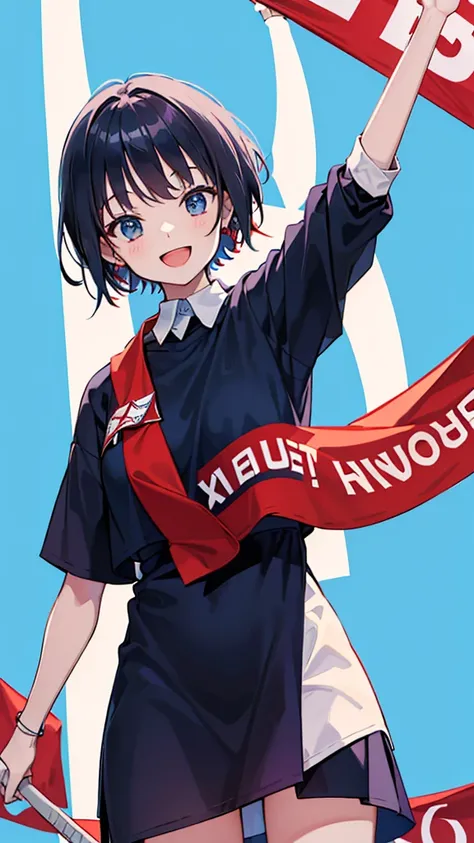 A photograph in wide view. A woman smiles and holds up a cloth banner,and  Waving it above her head, its a sign saying "rouch7". wears a navy red jersey with a white collar. On the shirt there is big text "rouch7". on a light blue background.