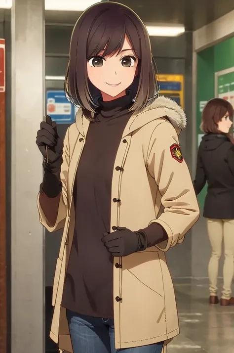 girl, brown hair, brown eyes, jeans, beige parka, smile, subway, black gloves