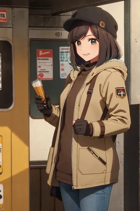 girl, brown hair, brown eyes, jeans, beige parka, smile, subway, black gloves