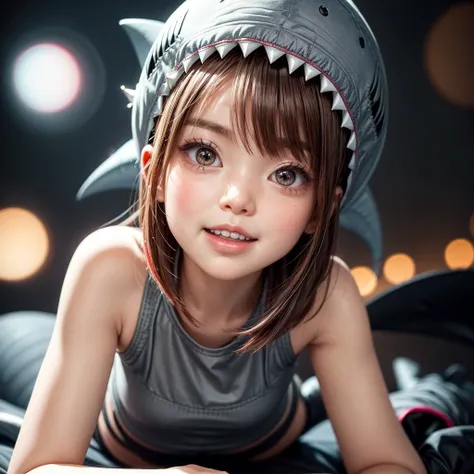  ((Skinny Shark BodySuit, (Stuffed shark head hat)with White Teeth)), 8k, High-level, absurd, masterpiece, best quality, primitive, very detailed CG, very detailed wallpaper, perfect lighting, Extremely detailed ((( personifying " Shark" as a Little Girl))...