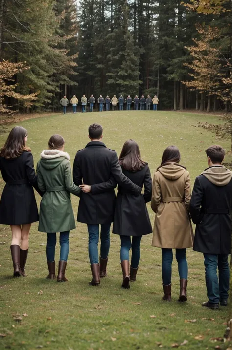 create an image of 9 teenagers. 5 men and 4 girls. Theyre standing in the grassy ground facing the forest.Theyre all wearing a coat because of the cold weather. All wearing a boots. Make the picture showing just their backs