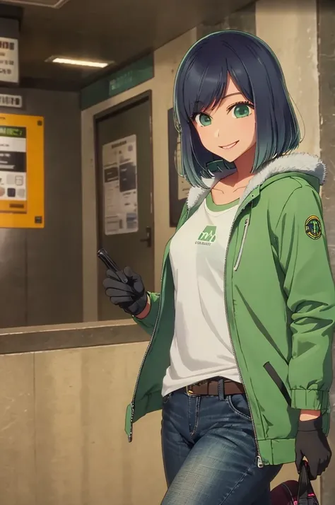 girl, jeans, green puffer jacket, smile, subway, black gloves