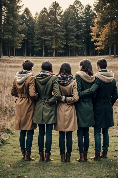 create an image of 9 teenagers. 5 men and 4 girls. Theyre standing in the grassy ground facing the forest.Theyre all wearing a coat because of the cold weather. All wearing a boots. Make the picture showing just their backs