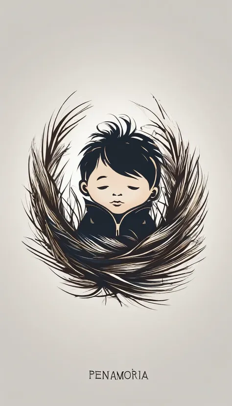 A minimal, modern, simple, cinematic logo design for the brand “Penamemoria". Create a modern, minimalistic, high-quality, logo of a boy inside a nest made of feathers. The logo must be a symbol for dreams, stories, memories, music and imagination.
