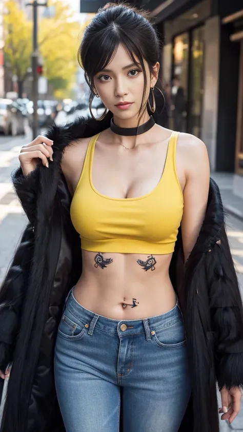 masterpiece, Highest quality, 8K,Highest Resolution, Absurd, Very detailed, Female Trafalgar Law, One girl, 1 Sword, alone, View your viewers, short hair, Medium chest, Have, belly button, Cleavage, clavicle, Earrings, abdomen, pants, coat, Fur trim, denim...