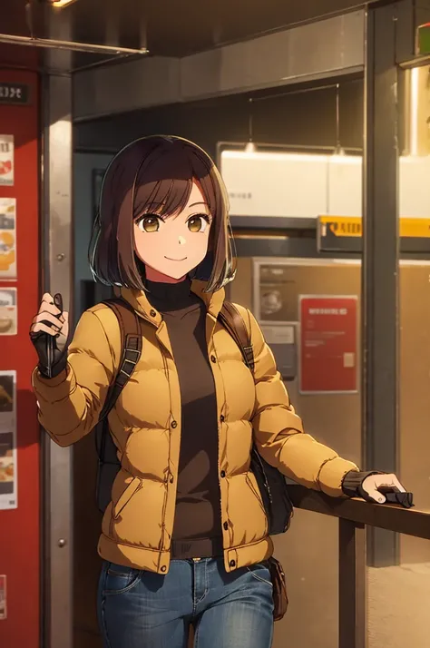 girl, brown hair, brown eyes, jeans, beige puffer coat, smile, subway, black gloves