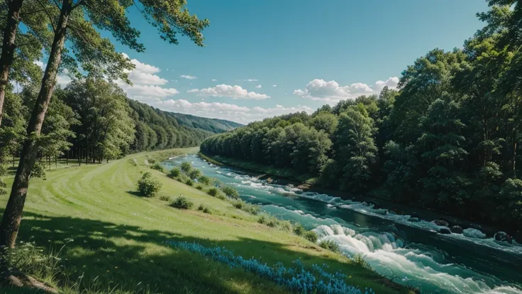 Above is the blue sky, on both sides are rows of tall trees and green grass. In the middle is a flowing river that combines into a beautiful natural picture. Realistic images, clear, meticulous details, green color scheme.