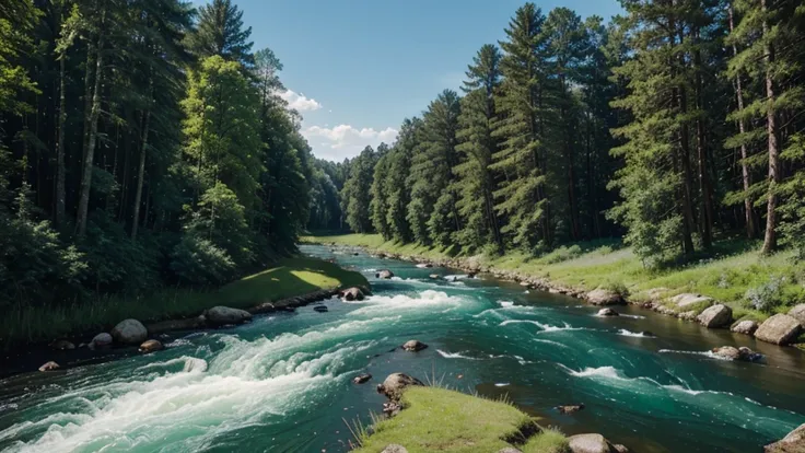 Above is the blue sky, on both sides are rows of tall trees and green grass. In the middle is a flowing river that combines into a beautiful natural picture. Realistic images, clear, meticulous details, green color scheme.