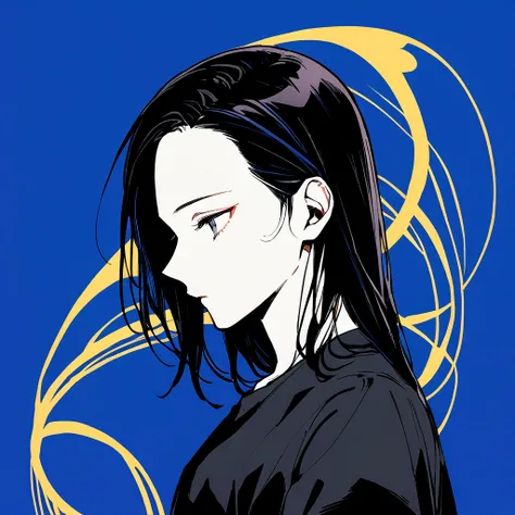 male、Beautifully straight, center parted、male、Medium black hair、profile、profileの待ち受け、黒髪のCenter part that exposes the forehead・profileのイラストアイコン,Black hair center part、Flat painting - Portrait：30代前半のmaleで、Hair should be parted in the center。 ·atmosphere：It h...