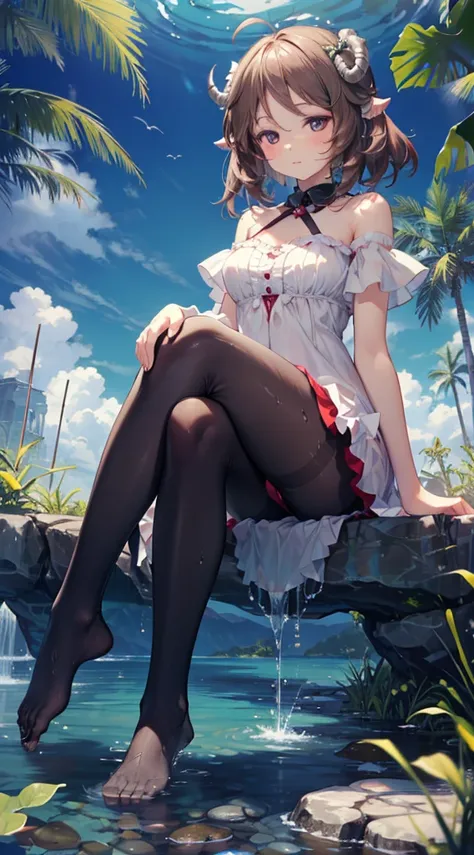 (Extremely delicate and beautiful:1.5),1girll, sitting in water， Wash your feet，pantyhose，no shoes，horn