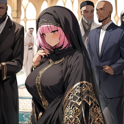 ((Highest quality)), ((masterpiece)), (detailed), （Perfect Face）、Women must wear black hijabs and niqabs、The woman is Momo Beria Deviluke, a devout Muslim., Arab with bright brown skin, In an Islamic prayer hall、She wears a gorgeous black abaya with gold e...