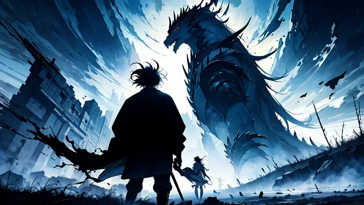 A heroic anime character stands tall and defiant, facing a colossal monster in a dramatic showdown. The perspective is from behind the character, capturing the scene from their viewpoint as they look up at the towering beast. The character is clad in detai...