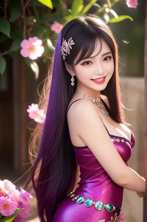 sexy Thai model who controls poison、beautiful smile、lip-gloss、bold lipstick、long lashes、ultra detailed makeup、look at the camera、full body Esbian、、sparkling poisoned flower costume、、、、sparkling Colorful hair、secrete poison、skull hair accessories、sexy tight...