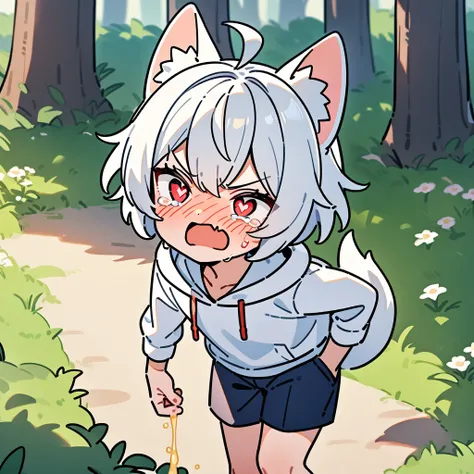 （masterpiece：1.2，high quality），8K，High resolution，A seven-year-old boy，cute boy，white hair，short hair，red eyes，heart-shaped pupils， ahoge，cat ears，full-face blush，pain，angry，tears，skin fang，Halation，Wearing a white hoodie，Dark blue shorts，Pee，Stand in the ...