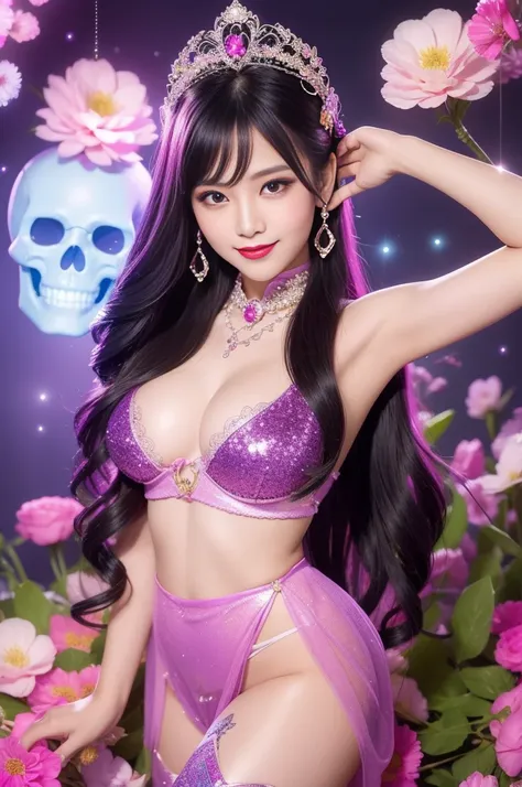 sexy Thai model who controls poison、beautiful smile、lip-gloss、bold lipstick、long lashes、drama makeup、look at the camera、full body Esbian、、sparkling poisoned flower costume、、、、sparkling Colorful hair、secrete poison、skull hair accessories、sexy tights、shiny s...