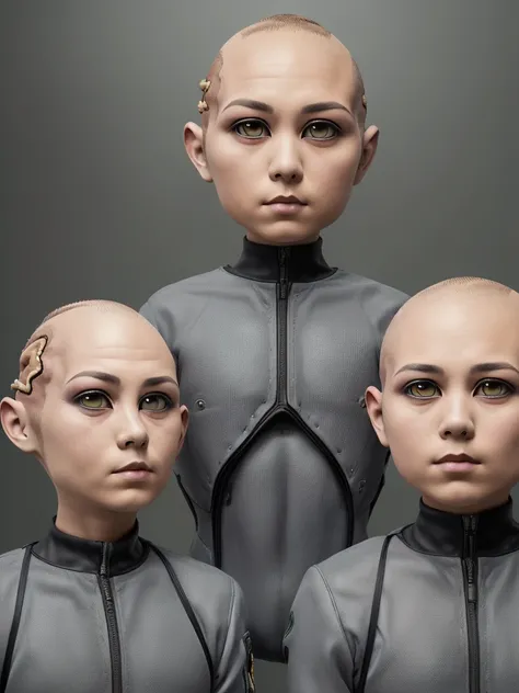 (((Masterpiece))), (high quality),Grey type aliens,15 year old girl alien,5 heads,(Skinhead,Gray aliens,Large, dark, almond-shaped eyes,:1.5),(No hair, no whites, no ears:1.5),Wearing a silver body-fitting suit,Plain background