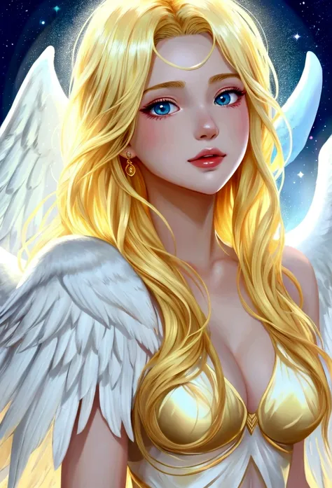 Beautiful girl with white wings and golden hair shining like an angel