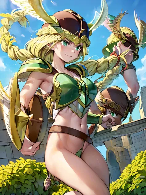 masterpiece,best quality, 1girl, 18yo, beautiful girl,BREAK,(Armor:1.8),(Helmet with wings:1.7),(Beautiful blonde,braid,Green Eyes:1.5),BREAK,(smirk, determined:1.3),BREAK, (blue sky:1.4),(jump off:1.5),(She descends from the sky:1.3),