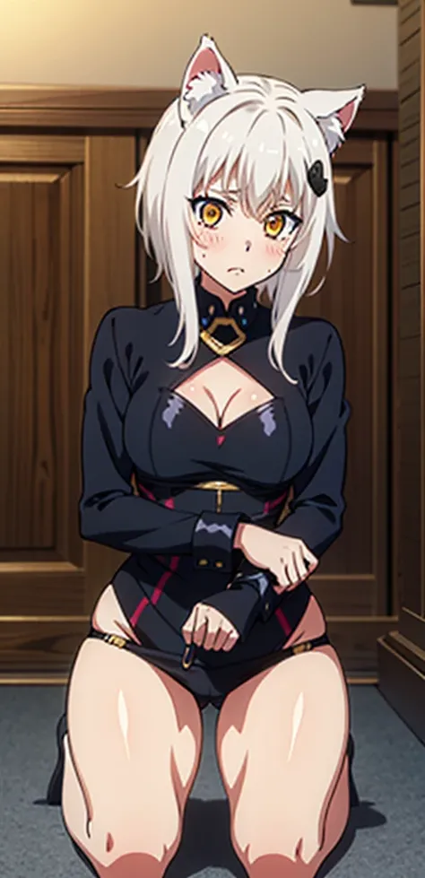 best quality, (masterpiece:1.2), highly detailed, cat ears, 1girl, tojou koneko, yellow eyes, white hair, short hair, hair ornament, 20-year-old, healthy skin, blushed,kneeling ,(ringed eyes ),(( bdsm))