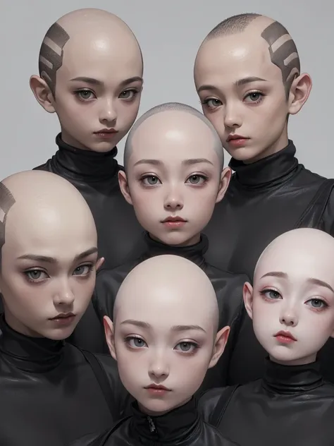 (((Masterpiece))), (high quality),Grey type aliens,15 year old girl alien,5 heads,(Skinhead,Gray aliens,Large, dark, almond-shaped eyes,:1.5),(No hair, no whites, no ears:1.5),Wearing a silver body-fitting suit,Plain background