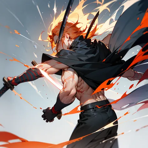 Create a character with long hair, from the back with a large black cape A katana on fire Eyes coming out of rays Black clothing with red stripes A scar on the arm A somewhat muscular body Acting like a swordsman With 4 arms and 5 meters tall 