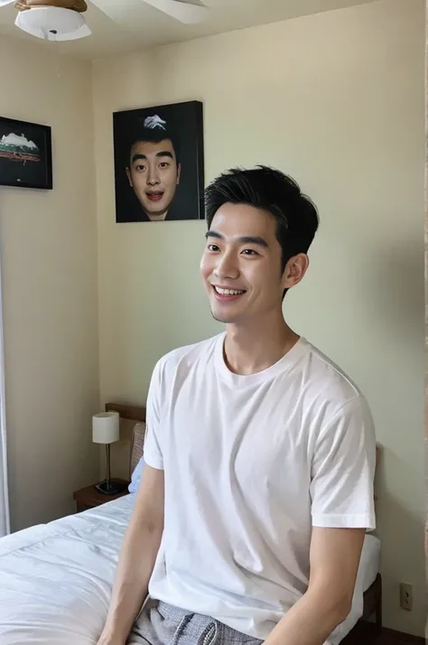 Korean man, Inspiration from Peng Yuyan, 30 years old, 236 years old, Cute Korean Face, 35 yo, 33 year old Korean muscular man，The bedroom is at the back. white t-shirt, open mouth smile