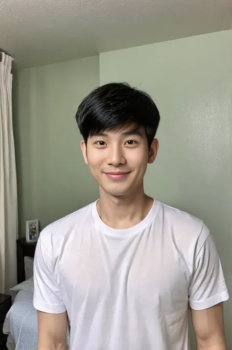 Korean man, Inspiration from Peng Yuyan, 30 years old, 236 years old, Cute Korean Face, 35 yo, 33 year old Korean muscular man，The bedroom is at the back. white t-shirt, open mouth smile