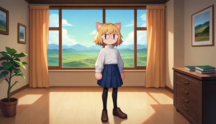 score_9, score_8_up, score_7_up, score_6_up, score_5_up, score_4_up, BREAK, 1boy, solo, necoarc, lit pupils, cat ears, blonde hair, red eyes, :3, turtleneck, blue skirt, pleated skirt, pantyhose, brown footwear, highlight thighs, landscape, inside a room, ...