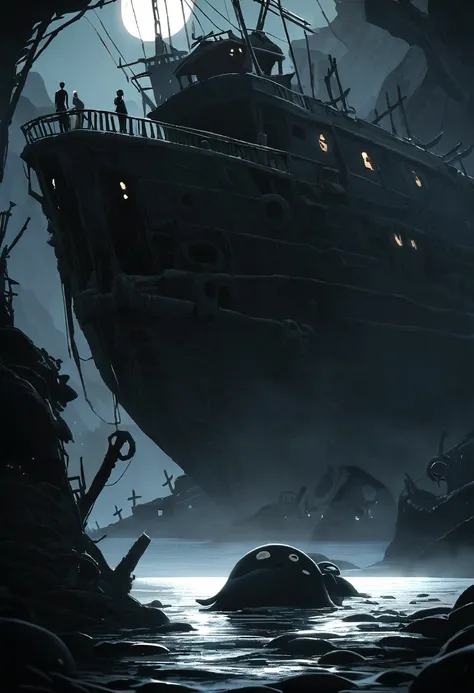 (Deep Black Sea:1.5)，(//Abandoned ghost ship:1.3//)+(A huge ship sunk to the bottom of the ocean：1.3)，A flock of octopuses，Wreckage of the shipwreck,