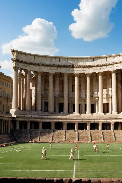 Create an image, showing ancient Romans watching a football match on a huge screen in an amphitheater. The amphitheater is surrounded by architecture, typical of ancient Rome, with columns and statues. Romans dressed in traditional togata and togas. The we...