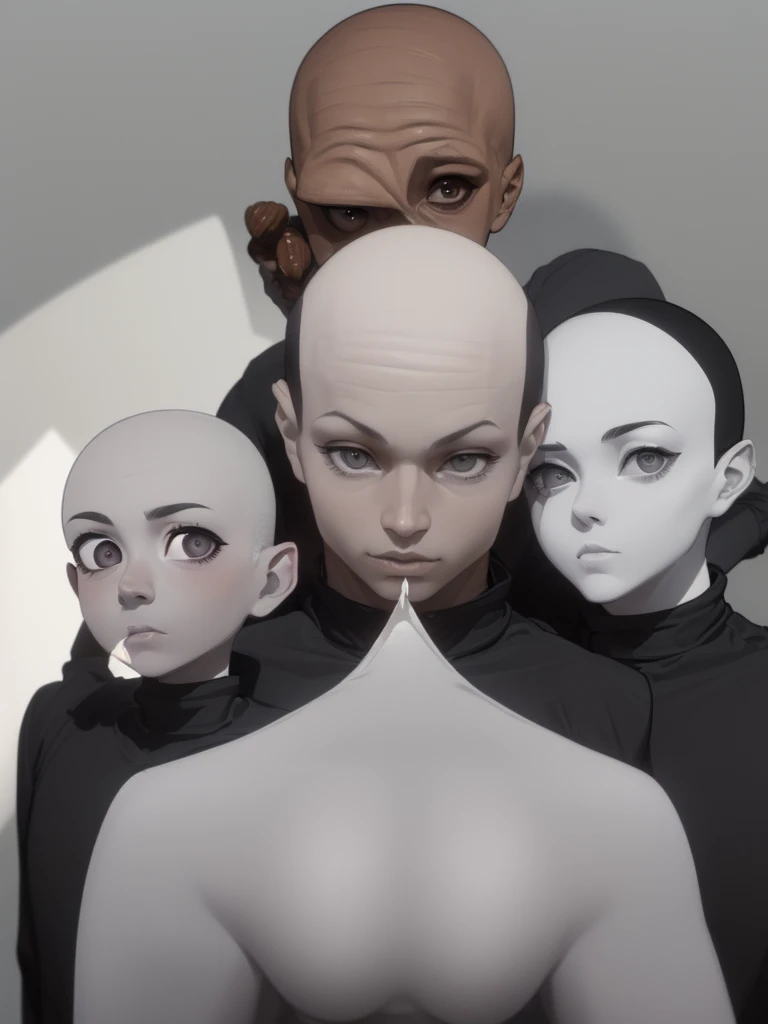 (((Masterpiece))), (high quality),Grey type aliens,15 year old girl alien,5 heads,(Skinhead,Gray aliens,Large, dark, almond-shaped eyes,:1.5),(No hair, no whites, no ears:1.5),Wearing a silver body-fitting suit,Plain background