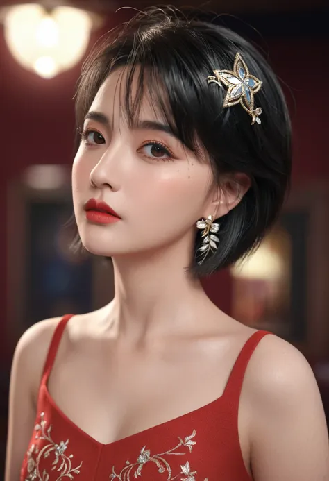 1 Girl, cowboy shot of beautiful have, Looking at the audience, Red Dress, Black Hair, blush, short hair, Sports Night, Volumetric Lighting, best quality, masterpiece, Intricate details, Tone Mapping, Clear focus, Ultra Detailed, Popular on ArtStation, hav...