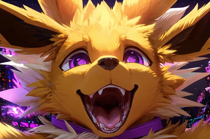 Macro Male Jolteon (pokemon), happy expression, high contrast, 8k HD, detailed, hyper-detailed, vore, primary fur yellow, secondary fur white, purple eyes, purple collar, best quality, ultra high res, micro eevee (pokemon), eevee in mouth of jolteon