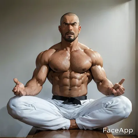 Shirtless and wearing white pants、A 40-year-old shirtless Japanese karateka with a black belt and moustache stands in a dimly lit dojo,Put your back against the wall,Oblique front view from the waist up,Sweating profusely,Open your mouth wide in pain,A fie...