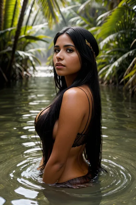 portrait of a beautiful woman, 26 years old. Of tanned skin, ((busty, sexy)) long black hair, straight at the height of the back, fringe of Amazonian India, headdress of feathers, western eyes, honey color, fluffy turned, ((big cheeks)), bathing in the nat...