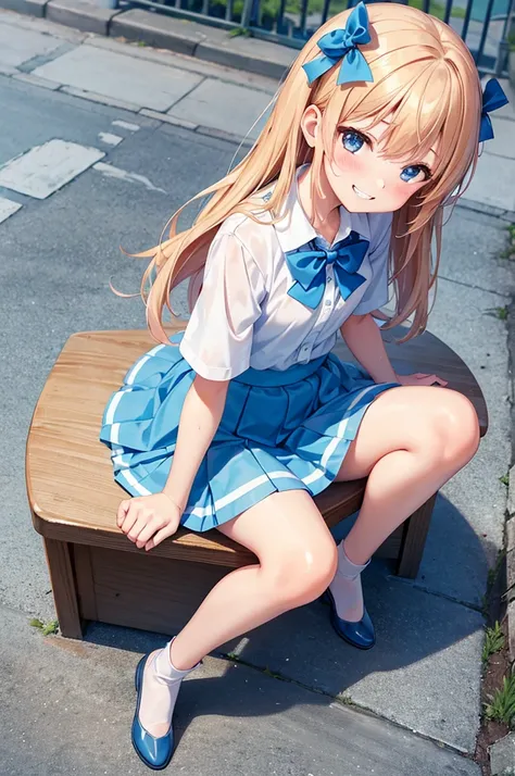 Grin, From above, (Squint your eyes:1.2), close, One Girl, blush, sit, Browsing Caution,beautiful girl　 Wear a uniform, Light blue skirt, Long skirt, small bow, small bow, Anime movies、Wet floor、Wet feet