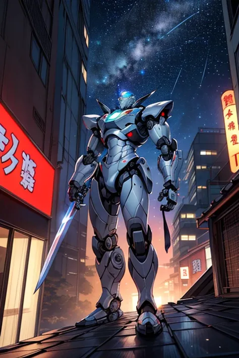 ((A robot hero who uses a Japanese sword))　((Starry Sky))　((Rooftop of an urban building))