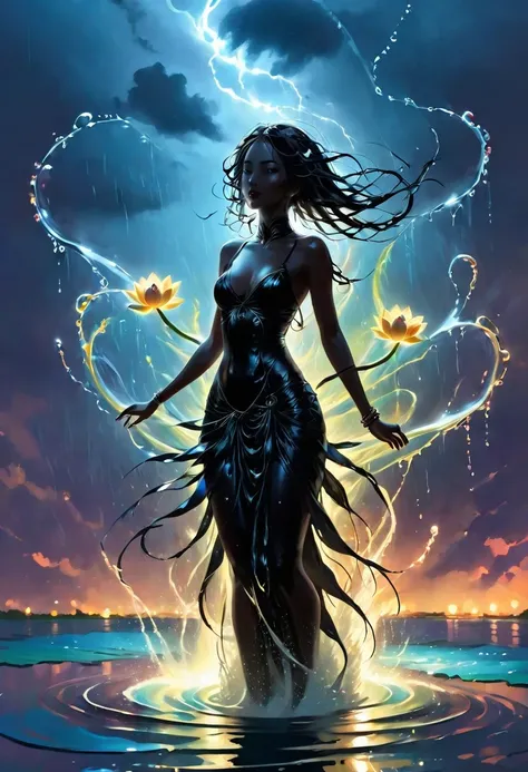 (rainstorm:1.5)，Rain splash，Huge waterspout，In the middle of the lake, Mysterious female black silhouette in the middle of the night, Surrounded by glowing spheres, Summoners dance to appease the spirits of the dead. Ceremonial canvas clothing. Sensual. Mu...