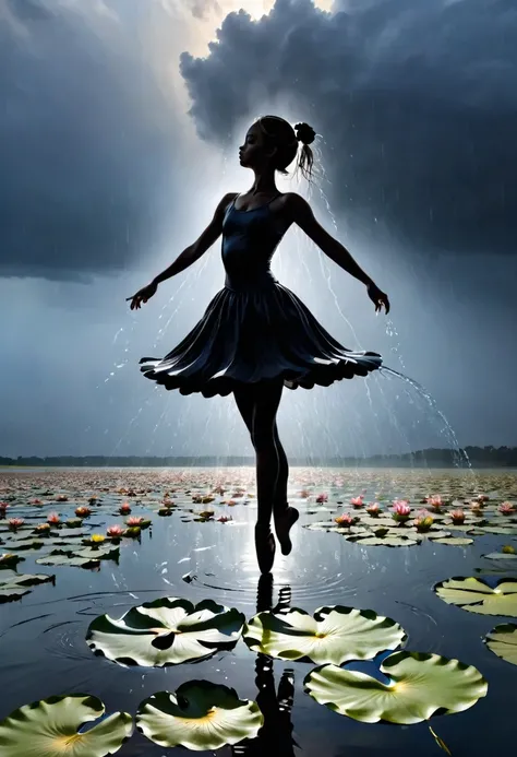 rainstorm，Rain splash，Huge waterspout，Girl shows black silhouette,Contrast with bright background,ballet silhouette,High contrast,Silhouette ballerina on the lake,lotus, lily pad，Shooting against the light，