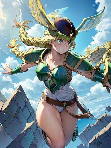 masterpiece,best quality, 1girl, 18yo, beautiful girl,BREAK,(Armor:1.8),(Helmet with wings:1.7),(Beautiful blonde,braid,Green Eyes:1.5),BREAK,(Proud face:1.3),BREAK, (blue sky:1.4),(Running on clouds:1.5),(blue skyに舞う:1.5),