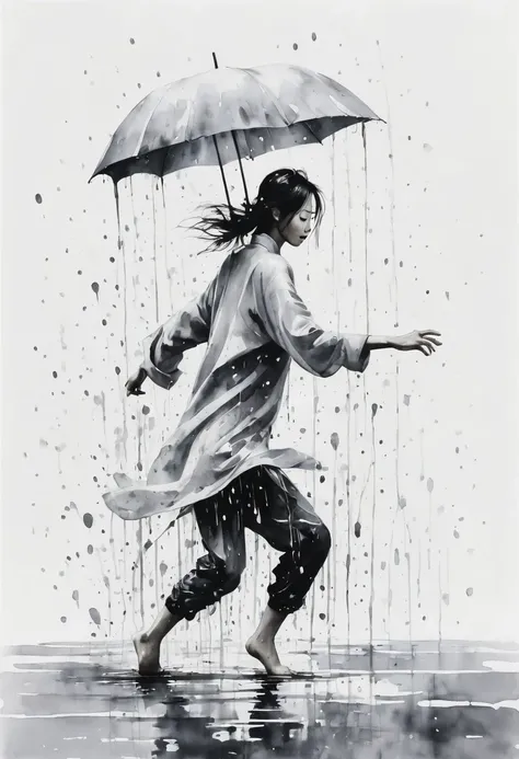 中国Ink Painting, Gray and White, Minimum,White background,Waterway, Minimalism,  Huge negative space, Ink Painting, Abstract，heavy rain，A person dancing in the rain