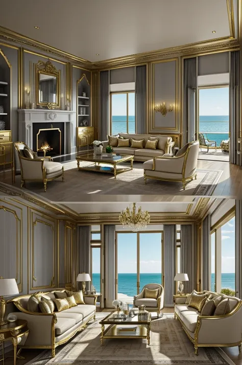 Luxurious living room, gilded gray tone, There is a room overlooking the sea 